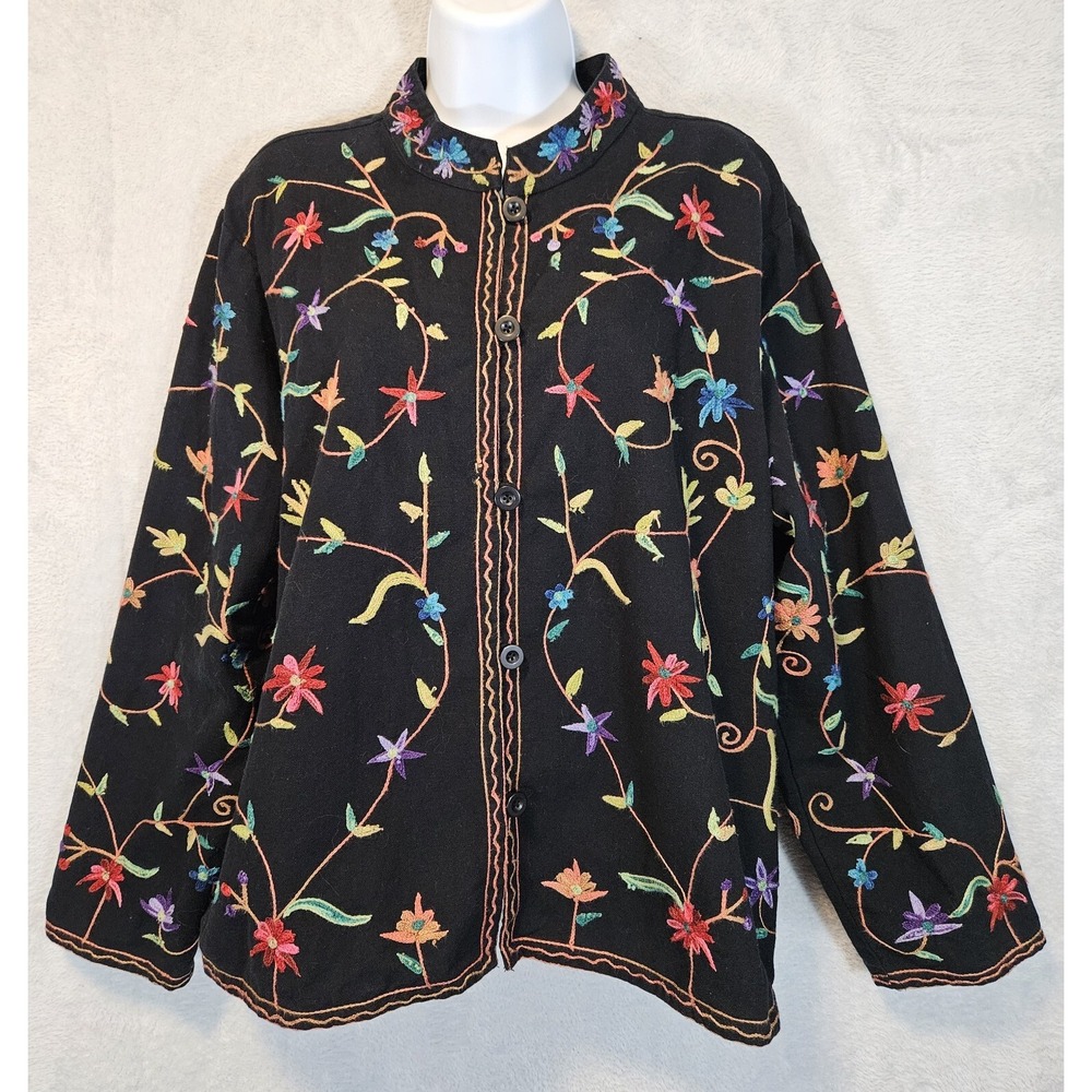 VTG Willow Ridge Size XL Black  Floral Embroidered Button Up Jacket Lightweight
